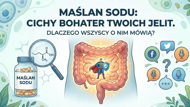 Maślan sodu: cichy bohater jelit. Na obrazku buteleczka suplementu, wzór chemiczny, jelita z superbohaterem i ikony mediów społecznościowych.