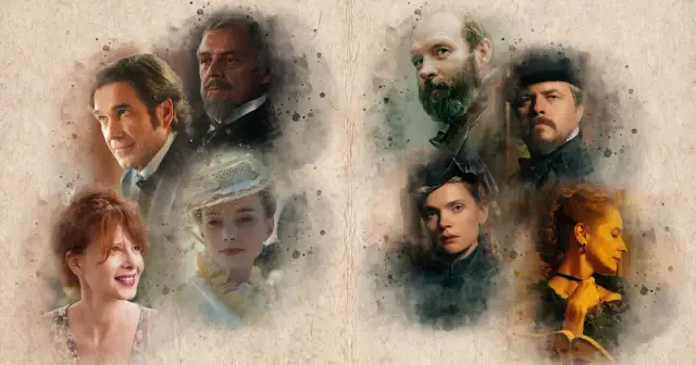 Portrety postaci z epoki, ukazujące realizm w lalce. Wizerunki mężczyzn i kobiet w stylizowanych strojach, z subtelnymi emocjami na twarzach.