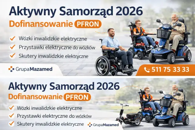 Dwaj mężczyźni i chłopiec na wózkach elektrycznych i skuterach inwalidzkich.