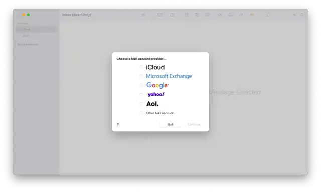 Okno wyboru dostawcy konta mailowego w aplikacji Mail. Dostępne opcje to iCloud, Microsoft Exchange, Google, Yahoo, AOL oraz inne konto mailowe.