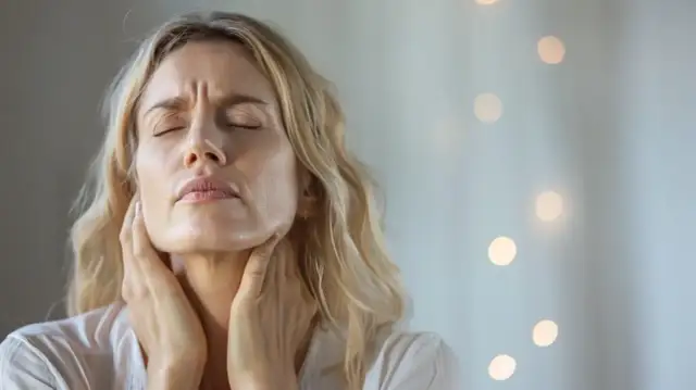 Kobieta z zamkniętymi oczami i rękami na szyi, wyrażająca dyskomfort.