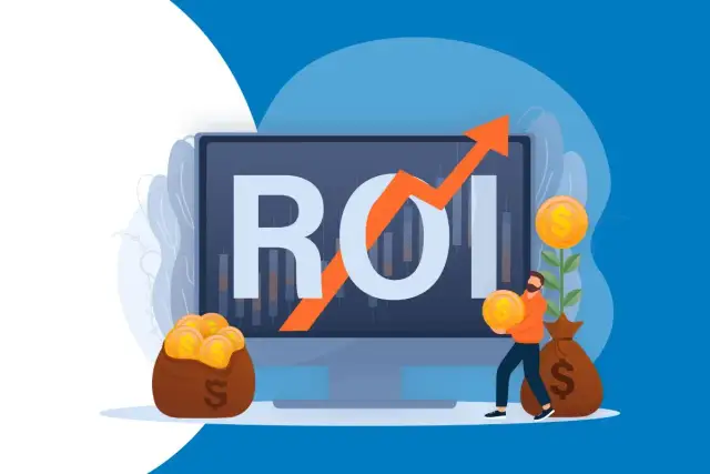 Grafika pokazuje, jak obliczyć ROI. Na ekranie widnieje napis ROI z rosnącym wykresem. Obok mężczyzna z workiem pieniędzy i rosnącą monetą.