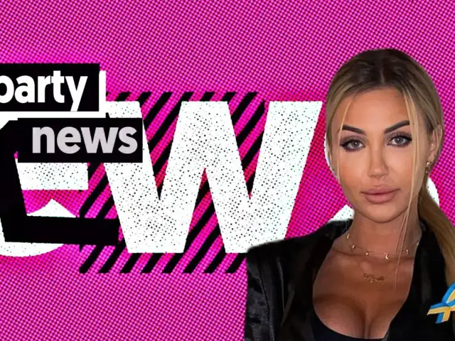 Angela z Love Island na tle różowego wzoru i napisu "party news".