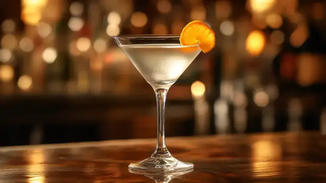 Elegancki martini, idealny james bond drink, z plasterkiem pomarańczy na krawędzi kieliszka, na tle rozmytego baru.