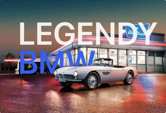 Klasyczny kabriolet BMW przed retro dinerem. Napis "LEGENDY BMW" podkreśla moc i styl marki, która od lat tworzy ikony motoryzacji.