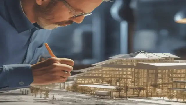 Architekt w okularach pracuje nad modelem budynku, trzymając ołówek.