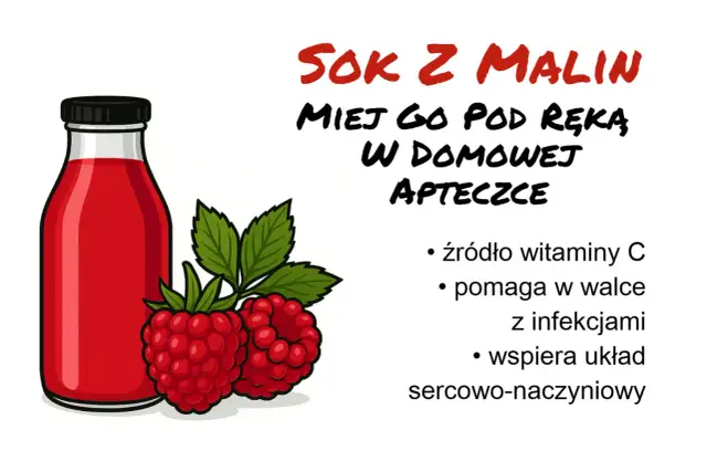 Butelka soku malinowego z malinami i liśćmi.