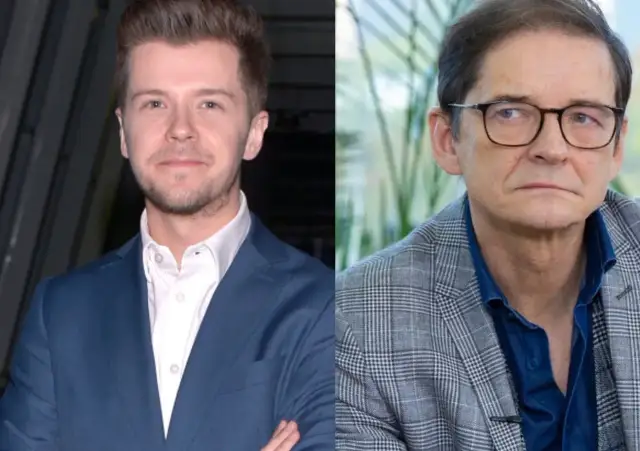 Dwóch mężczyzn w garniturach, jeden młodszy w niebieskim, drugi starszy w kratę. Kto prowadzi vabank?