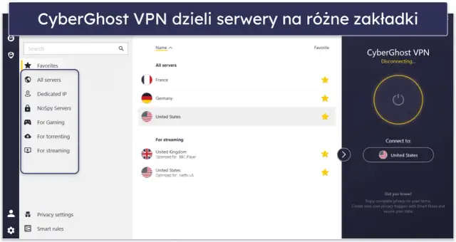 Interfejs CyberGhost VPN pokazuje listę serwerów, w tym USA, Francję i Niemcy. Kliknięcie przycisku rozłączenia pozwala dowiedzieć się, jak wyłączyć VPN.