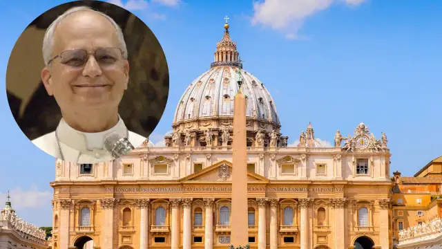 Portret papieża na tle Bazyliki św. Piotra w Watykanie.