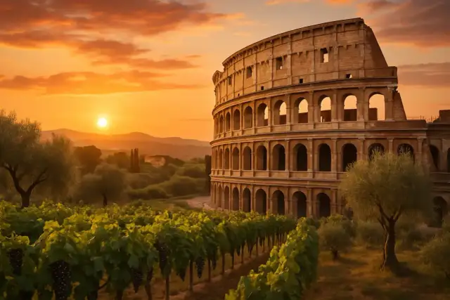 Koloseum o zachodzie słońca, otoczone winnicami i gajami oliwnymi. Włoskie krajobrazy pełne historii i smaków. Ciekawe ciekawostki o Włoszech czekają!