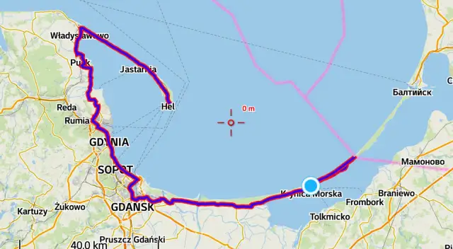 Mapa trasy rowerowej R10 Świnoujście-Hel, pokazująca drogę przez Trójmiasto, Półwysep Helski i dalej na wschód.