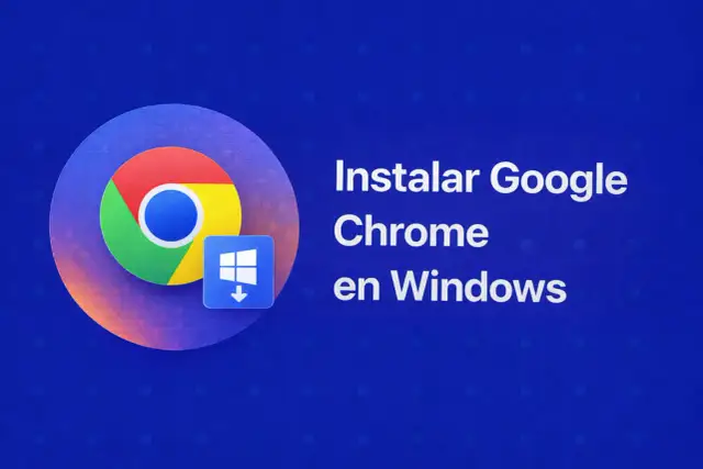 Logo Google Chrome i ikona pobierania dla Windows na niebieskim tle.