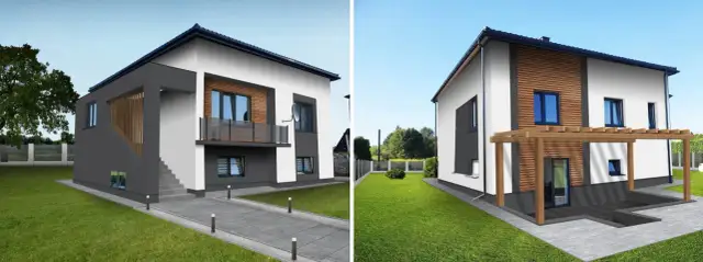 Nowoczesne elewacje starych domów piętrowych z drewnianymi akcentami i betonowymi elementami. Dwa ujęcia tej samej bryły architektonicznej.