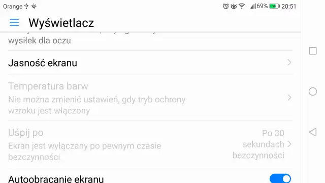 Ustawienia wyświetlacza: Jasność ekranu, Temperatura barw, Uśpij po (jak zmienić czas wygaszania ekranu).