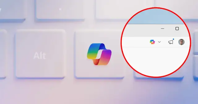 Klawiatura z klawiszem "Alt" i tęczowym logo. W okręgu widać okno z ikonami, w tym przypominającą Cortanę z Windows 10.