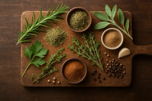 Zioła i przyprawy na drewnianej desce: rozmaryn, tymianek, szałwia, natka, papryka, pieprz, czosnek.