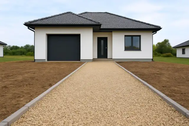 Nowy podjazd z kruszywa prowadzący do białego domu z garażem.