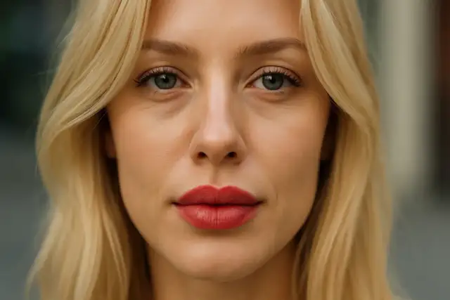 Zbliżenie na twarz kobiety z blond włosami i czerwoną szminką na ustach.