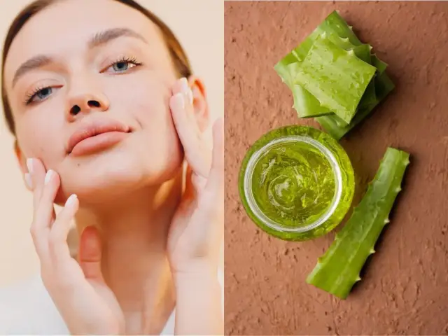 Młoda kobieta z delikatną cerą dotyka policzka. Obok słoiczek z żelem aloesowym i liście aloesu. Aloes na twarz efekty nawilżenia i ukojenia.