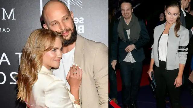 Agnieszka Kaczorowska z partnerem, a obok niej mężczyzna w granatowej marynarce.