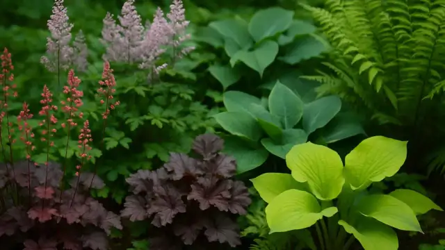 Piękne, wieloletnie kwiaty cieniolubne do ogrodu: różowe i czerwone tawułki, ciemne żurawki i jasnozielone funkie.