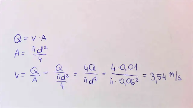 Wzory pokazują, jak obliczyć przepływ powietrza przez rurę: Q=V·A, A=πd²/4, V=Q/A. Obliczenia pokazują wynik 3,54 m/s.