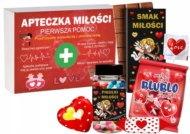 Apteczka miłości, czekolada, żelki serduszka, lizak i "tabletki" miłości.