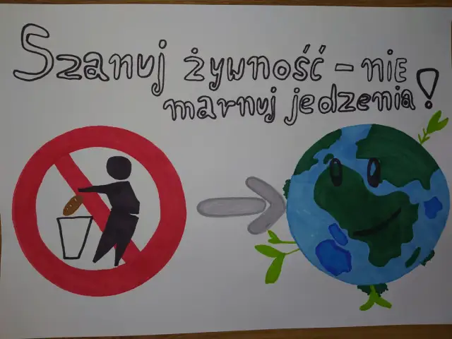 Plakat "Jak nie marnować jedzenia" pokazuje zakaz wyrzucania chleba do kosza i uśmiechniętą Ziemię z listkami.