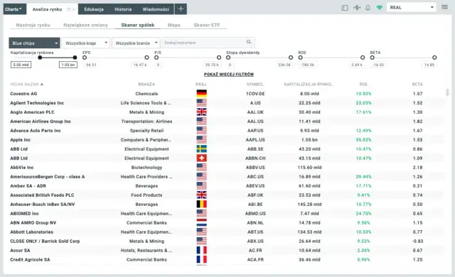 Skaner spółek pokazuje dane o kapitalizacji, P/E, ROE i Beta. Dowiedz się, biuro maklerskie co to jest i jak analizować spółki.
