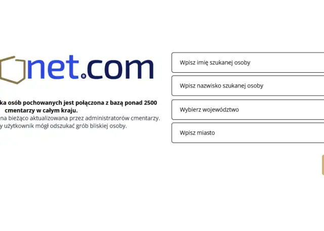 Logo Onet.com i pola do wyszukiwania osób na cmentarzu: imię, nazwisko, województwo, miasto.