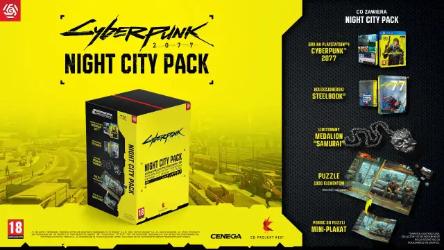 Opakowanie gry Cyberpunk 2077 Night City Pack z zawartością: gra PS4, steelbook, medalion, puzzle i plakat.