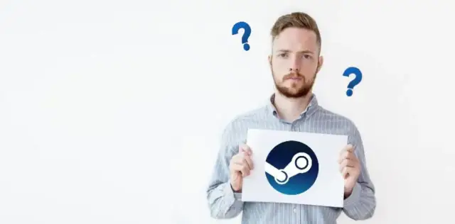 Mężczyzna trzyma kartkę z logo Steam, otoczony znakami zapytania.