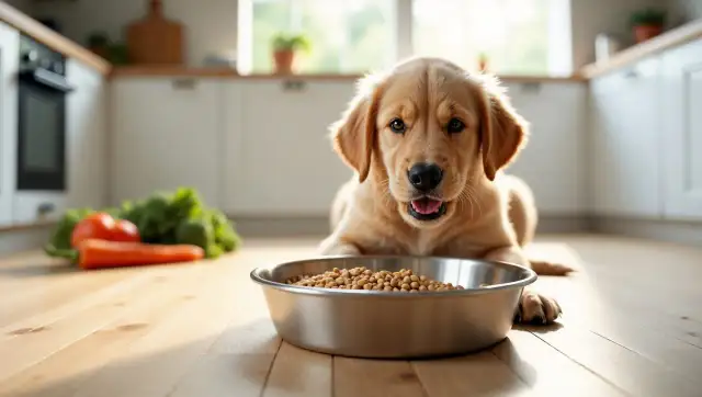 Słodki szczeniak golden retriever leży przed miską pełną karmy, zastanawiając się, czy pies może jeść kaszę. Obok leżą warzywa.