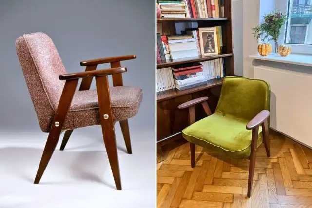 Dwa fotele w stylu retro. Jeden różowy, drugi zielony. Klasyczne meble Chierowskiego.