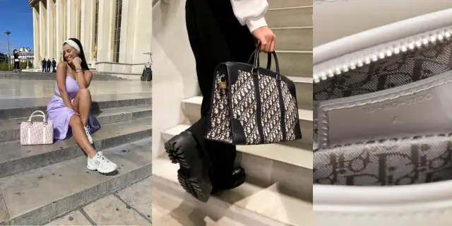 Kobieta w pastelowej sukience i sportowych butach prezentuje różową christian dior torebkę. Obok, inna torebka Dior w granatowe monogramy.