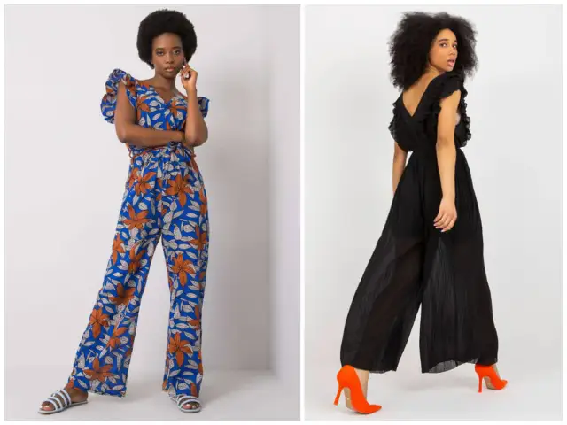 Kombinezon z szerokimi nogawkami dla kobiety. Wersja w kwiaty i elegancka czarna. Idealne na lato.