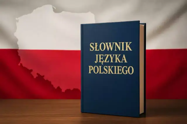 Granatowy słownik języka polskiego na tle flagi Polski z zarysem kraju.