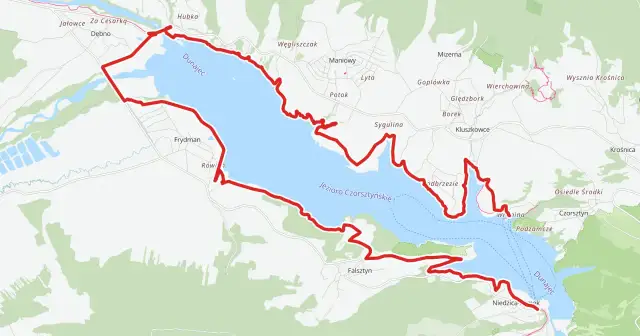 Mapa z zaznaczoną trasą rowerową wokół Jeziora Czorsztyńskiego, łączącą Szczawnicę i Czorsztyn.
