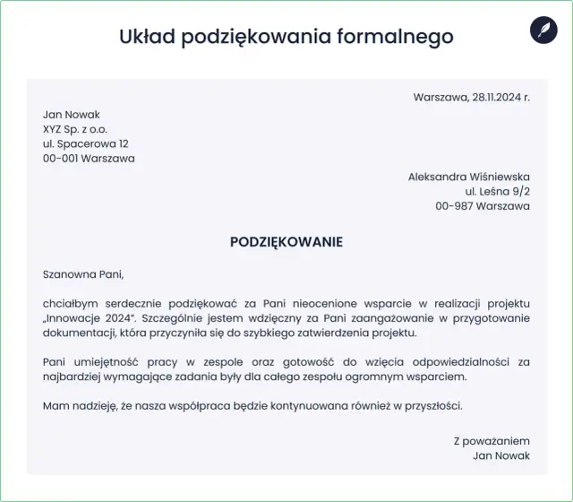Przygotuj tekst podziękowania dla osoby zaproszonej w prosty sposób