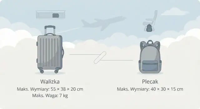 Ilustracja walizki i plecaka z wymiarami i wagą, w tle samolot i siedzenie.