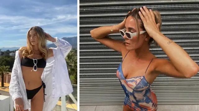 Dwie kobiety w letnich stylizacjach. Jedna w bikini i białej koszuli, druga w kolorowej sukience. Ciekawe, ile lat ma Bletka, że tak świetnie wygląda.