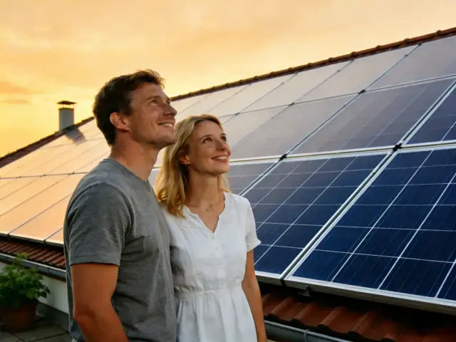 Para z uśmiechem na tle paneli fotowoltaicznych na dachu podczas zachodu słońca.