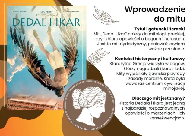 Ilustracja przedstawia Ikara spadającego z nieba, z jego skrzydłami z piór.