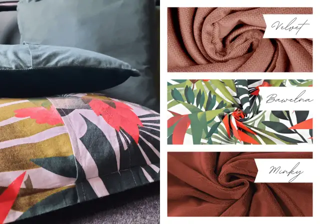 Inspiracja do tego, jak uszyć poduszkę dekoracyjną: aksamit, bawełna z liśćmi i minky.