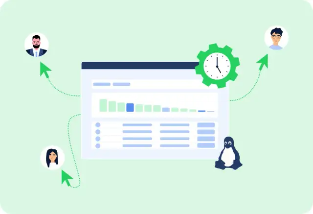 Grafika przedstawia pulpit z danymi, zegar i pingwina symbolizującego Linux. Wskaźniki pokazują przepływ informacji do użytkowników, sugerując efektywne zarządzanie czasem.