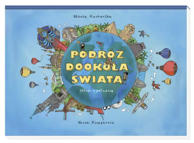Ilustracja przedstawia planetę Ziemię otoczoną symbolami z różnych zakątków świata, sugerując podróżowanie po świecie.
