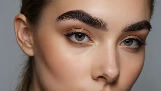 Zbliżenie na twarz kobiety z gęstymi, ciemnymi brwiami. Zastanawiasz się, jak szybko rosną brwi?