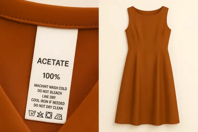 Brązowa sukienka z **acetate materiału po polsku**. Metka informuje o składzie i sposobie pielęgnacji.