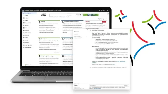 Laptop z otwartym interfejsem systemu LEX, prezentującym menu boczne i okno czatu z asystentem AI.